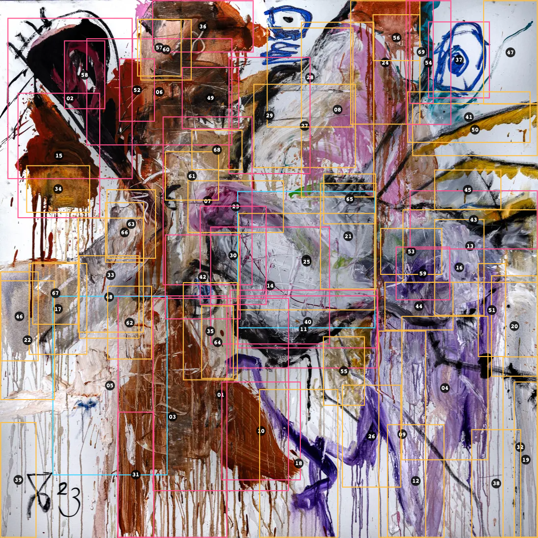 CALM painting annotated with 70 numbered regions