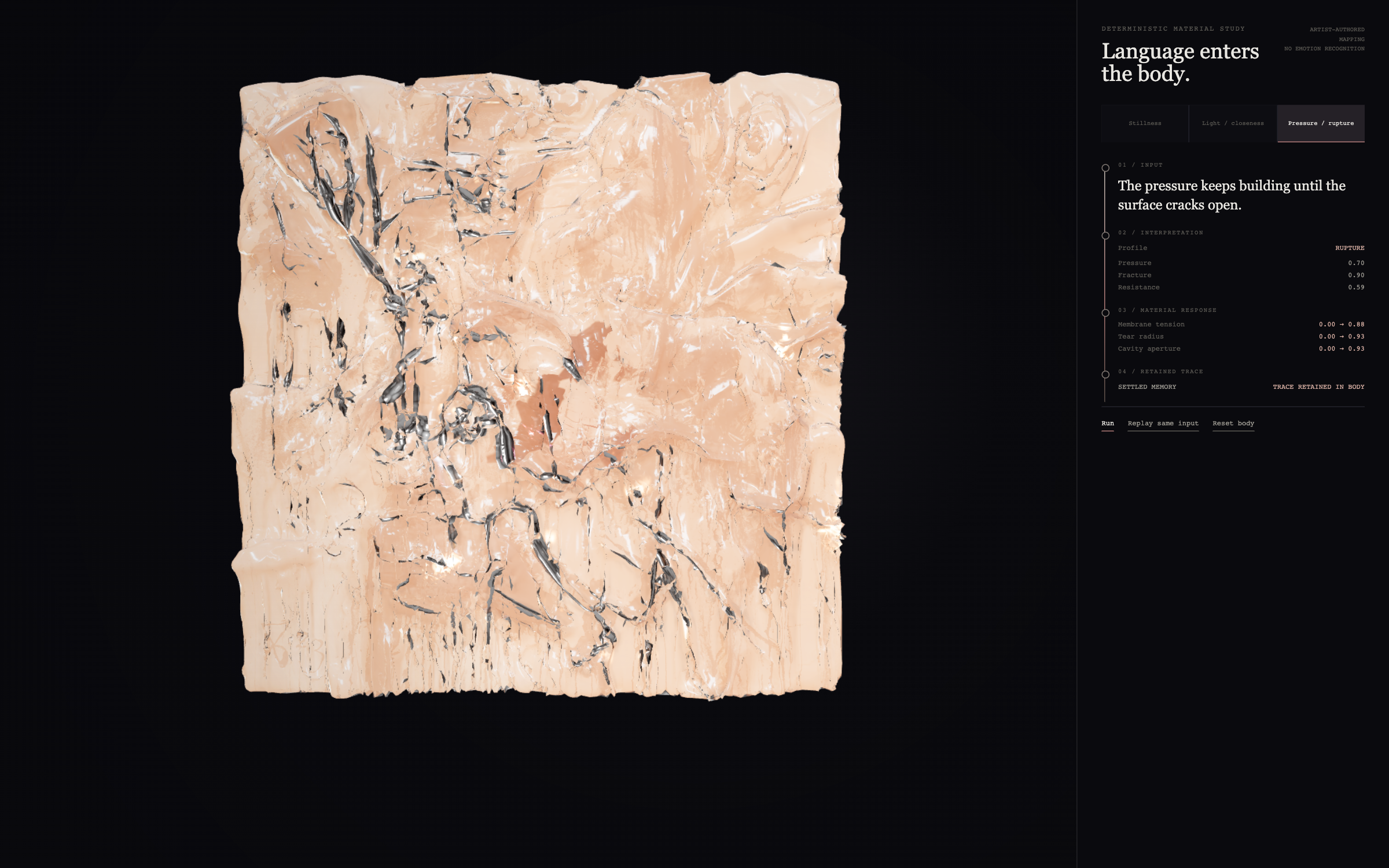CALM original WebGL prototype capture with typed input, material parameters and retained trace